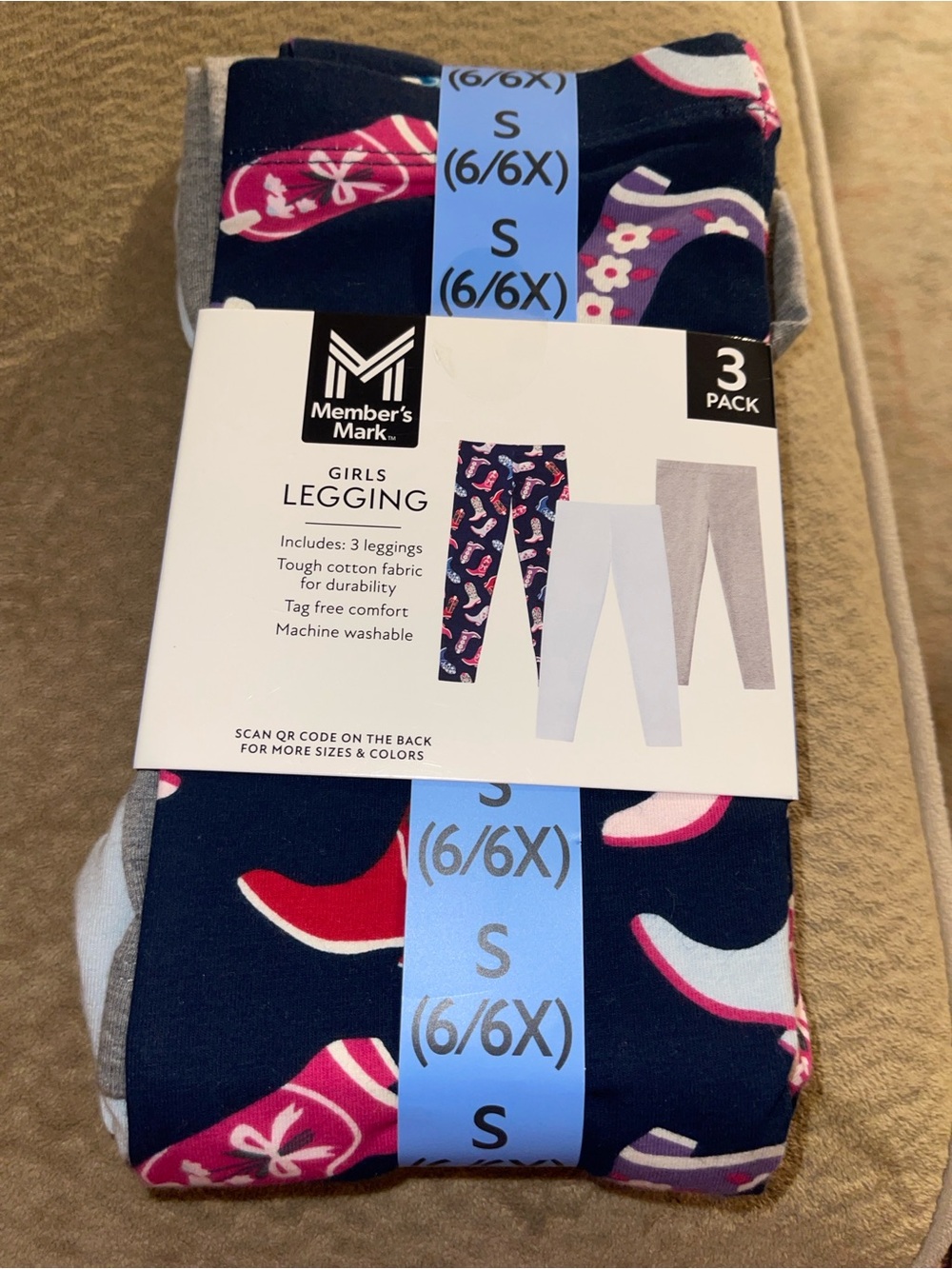 Girls' Navy Cowboy Boot Print, Gray and Light Blue Leggings - 3 Pack